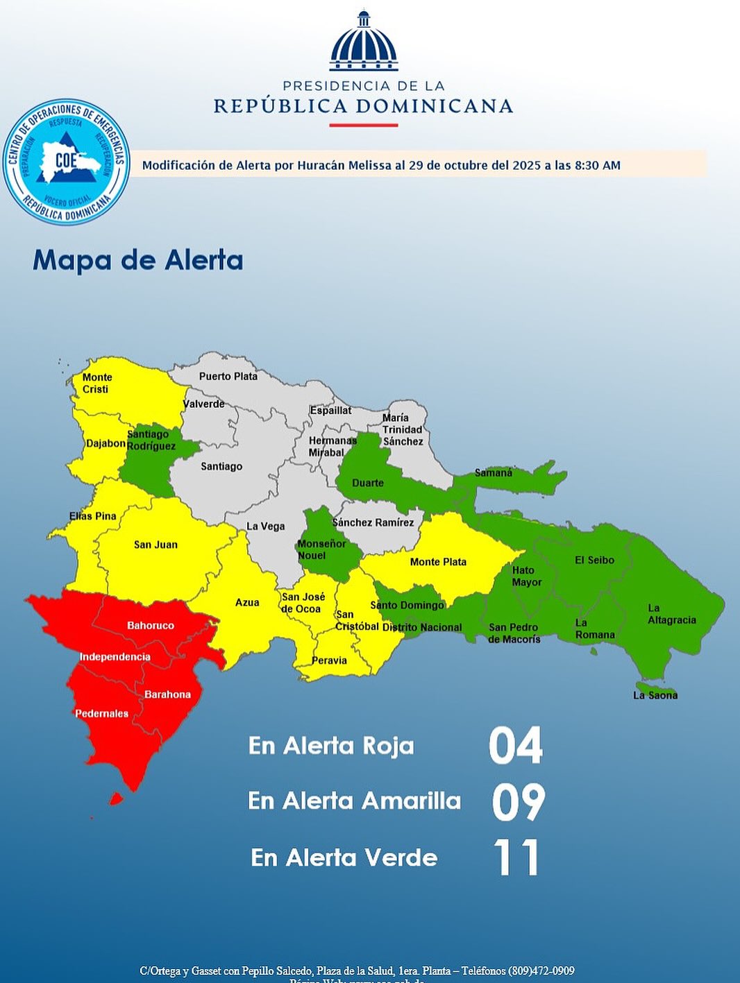 COE mantiene 4 provincias en alerta roja, 9 en amarilla y 11 en verde por lluvias