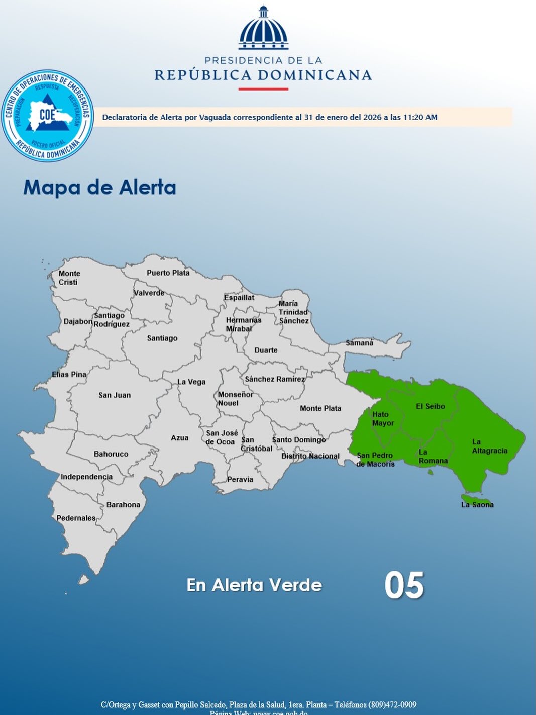 COE coloca cinco provincias en alerta verde por incidencia de vaguada