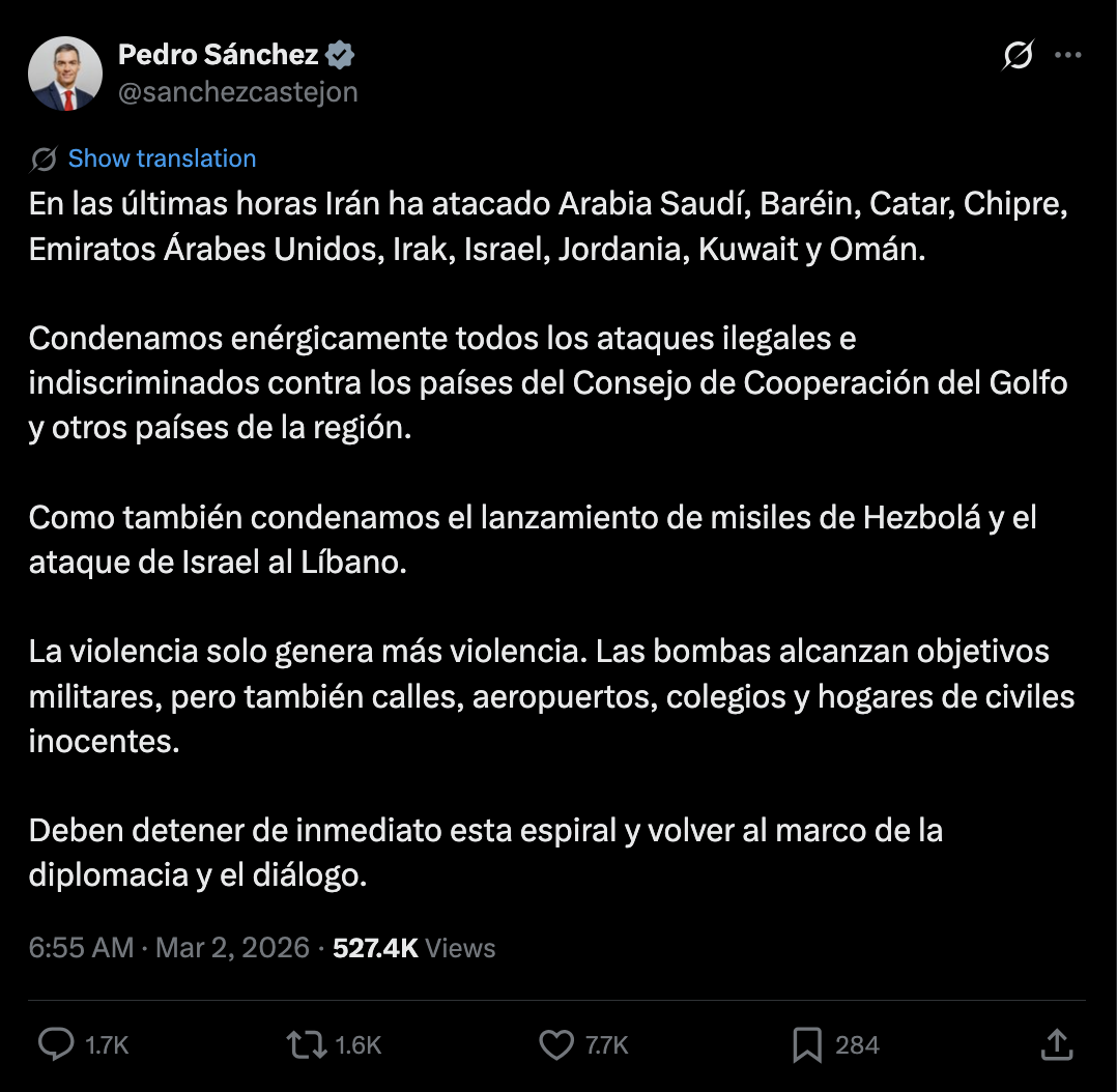 Ataques de Irán: Pedro Sánchez condena ofensiva contra Israel y el Golfo