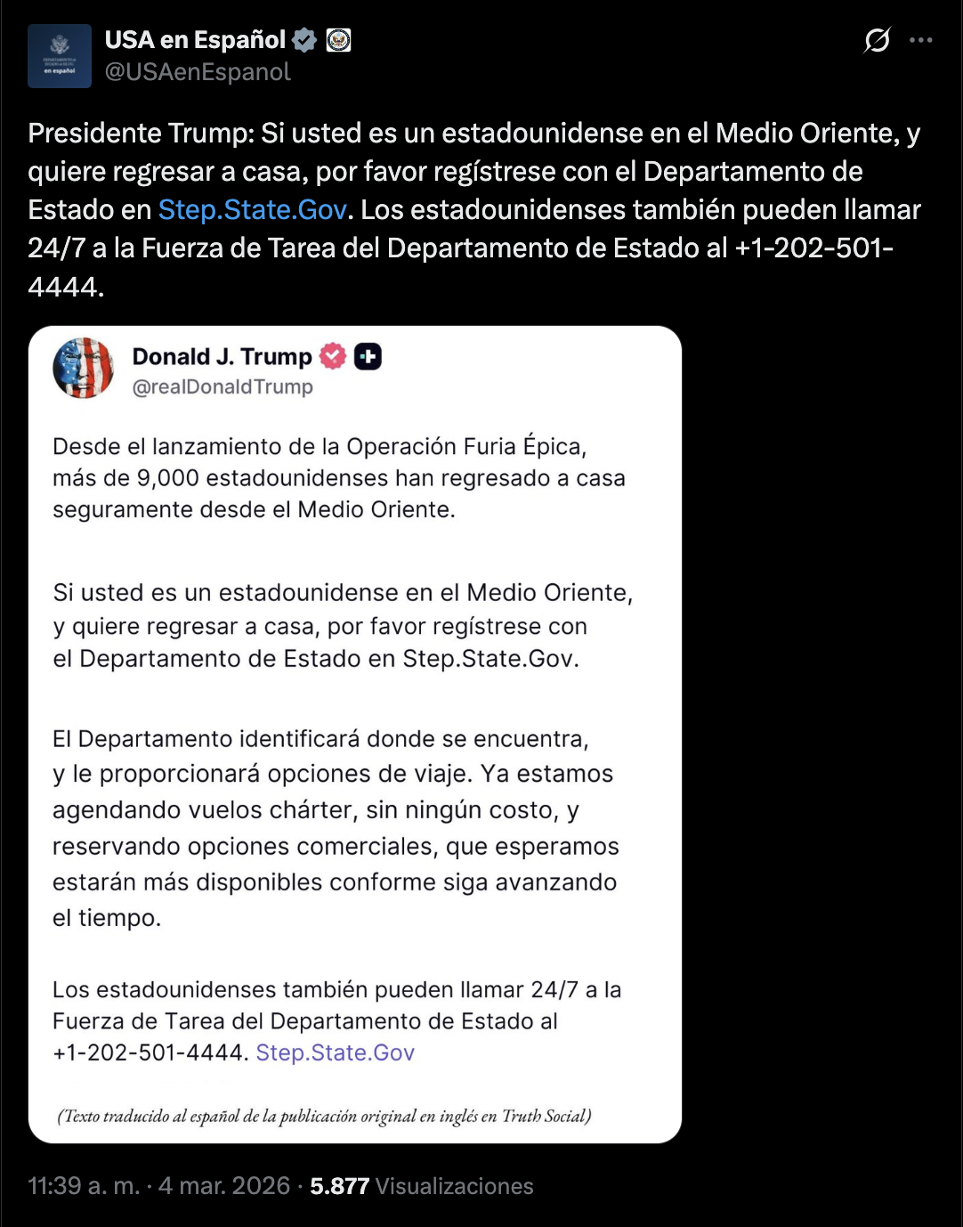 Vuelos de repatriación: Trump ofrece apoyo a estadounidenses en el Medio Oriente