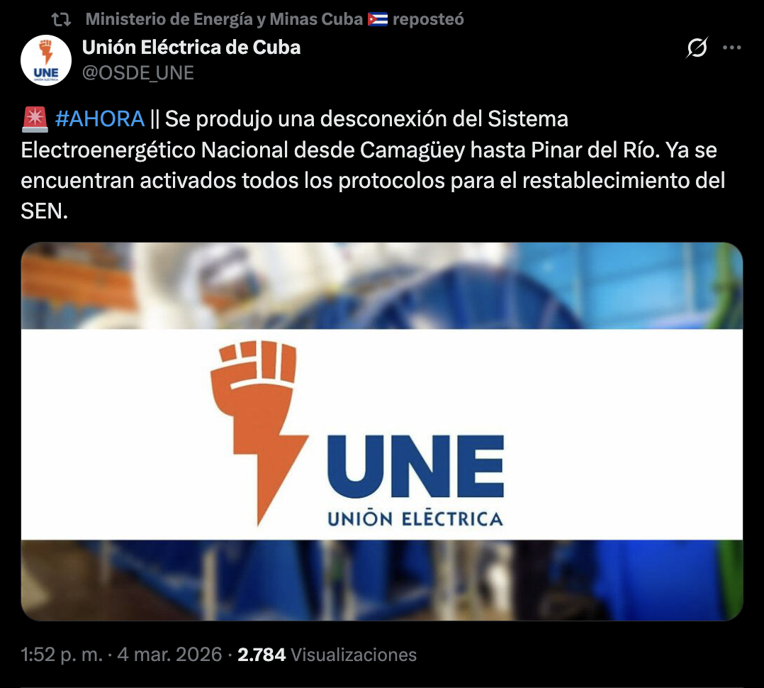 Falla eléctrica en Cuba deja sin servicio a dos tercios del país
