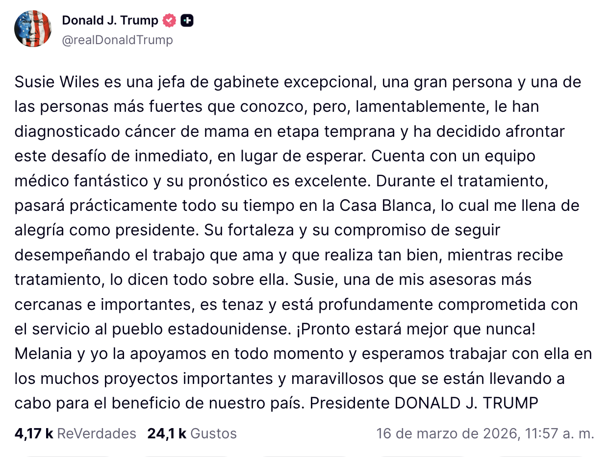 Susie Wiles, jefa de gabinete de Donald Trump, diagnosticada con cáncer de mama en etapa temprana
