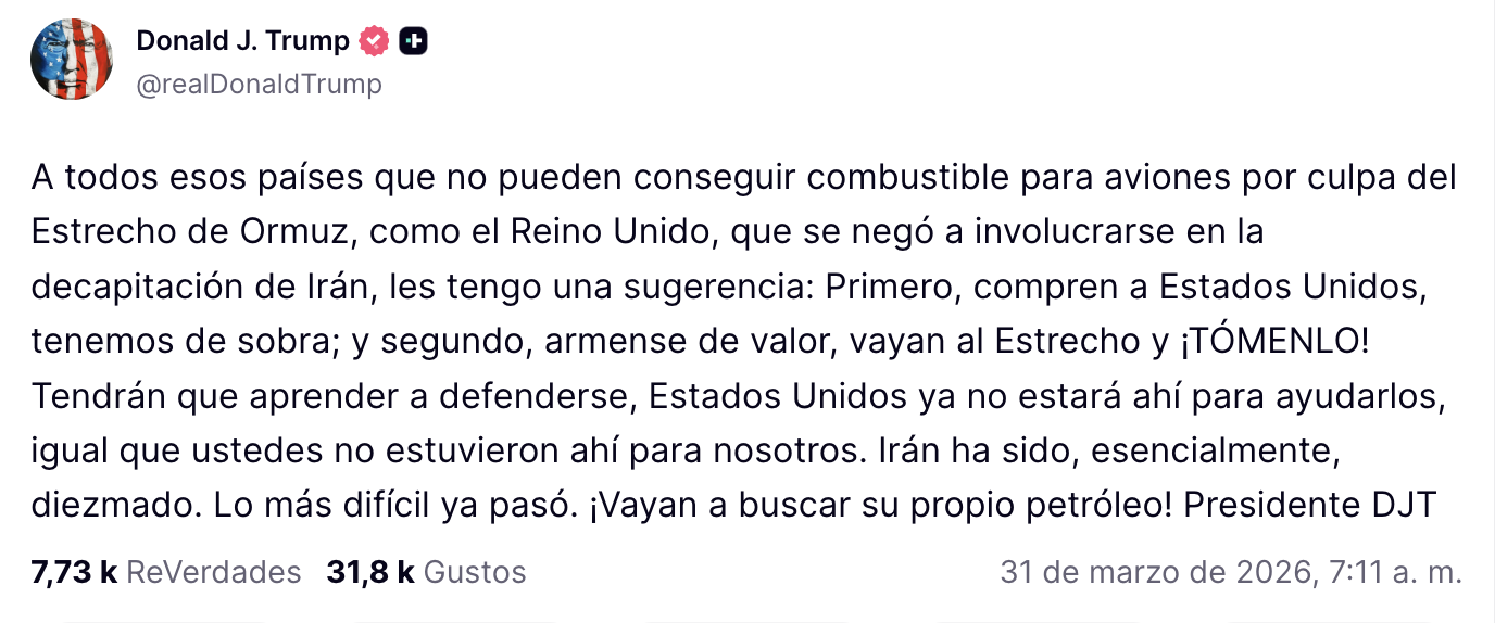 Trump critica a Francia y Reino Unido: Les sugiere tomar el petróleo del estrecho de Ormuz