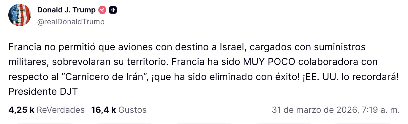 Trump critica a Francia y Reino Unido: Les sugiere tomar el petróleo del estrecho de Ormuz