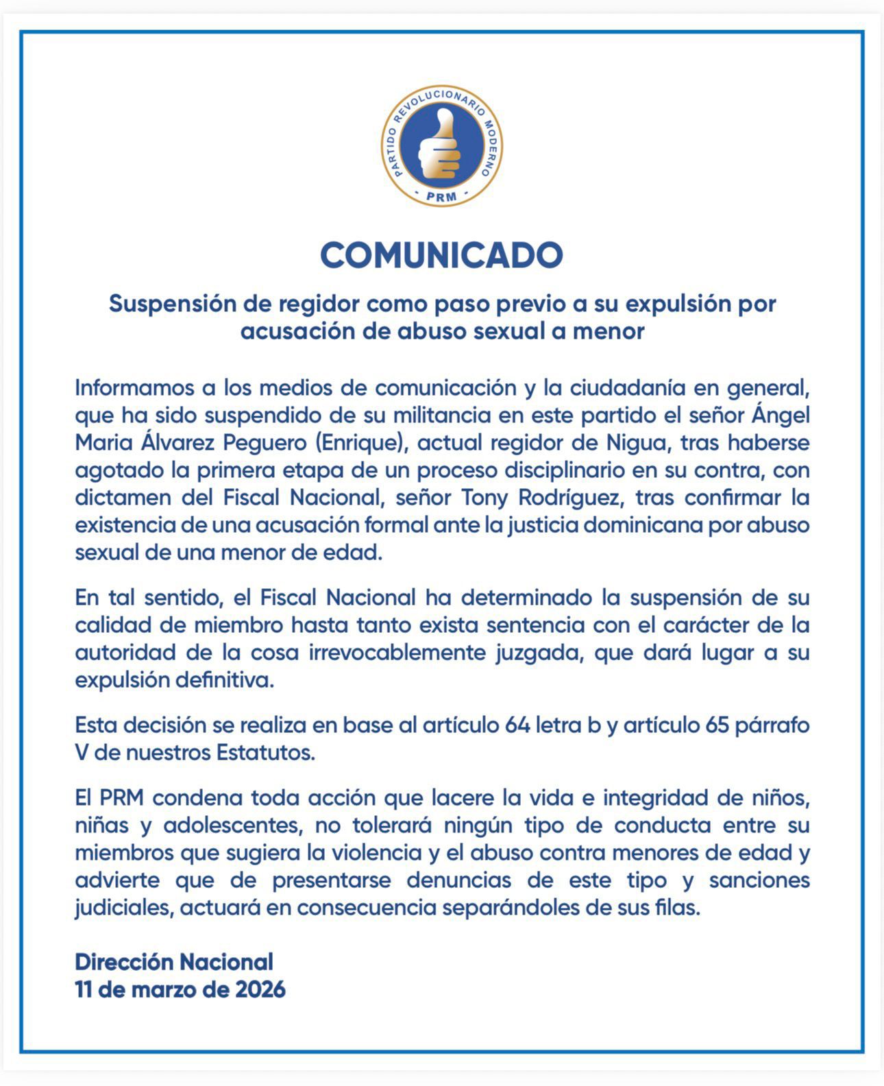 PRM suspende regidor de Nigua tras acusación de abuso sexual contra menor