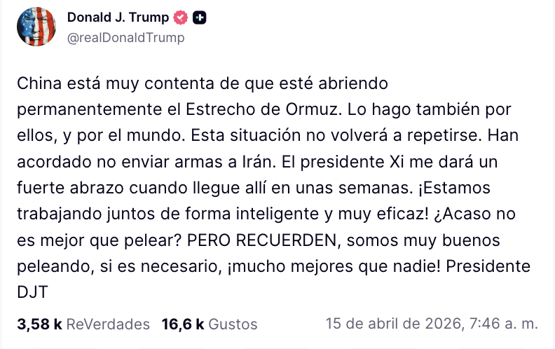 Tensiones geopolíticas: Donald Trump asegura que China no enviará armas a Irán y presume poder militar