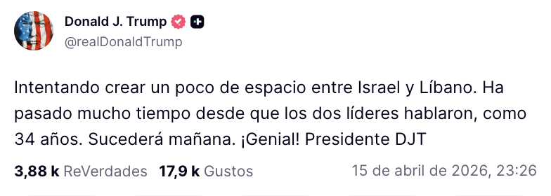 Alto al fuego entre Israel y Líbano: Trump anuncia diálogo entre líderes