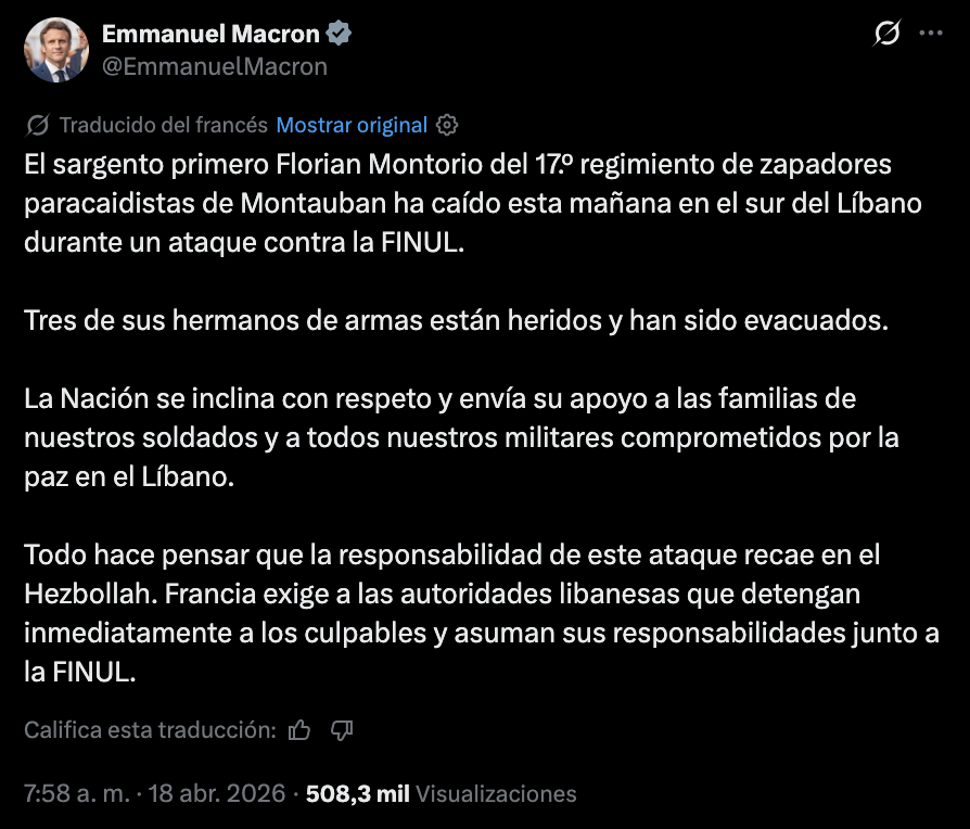 Soldado francés muerto en ataque en Líbano atribuido a Hezbollah