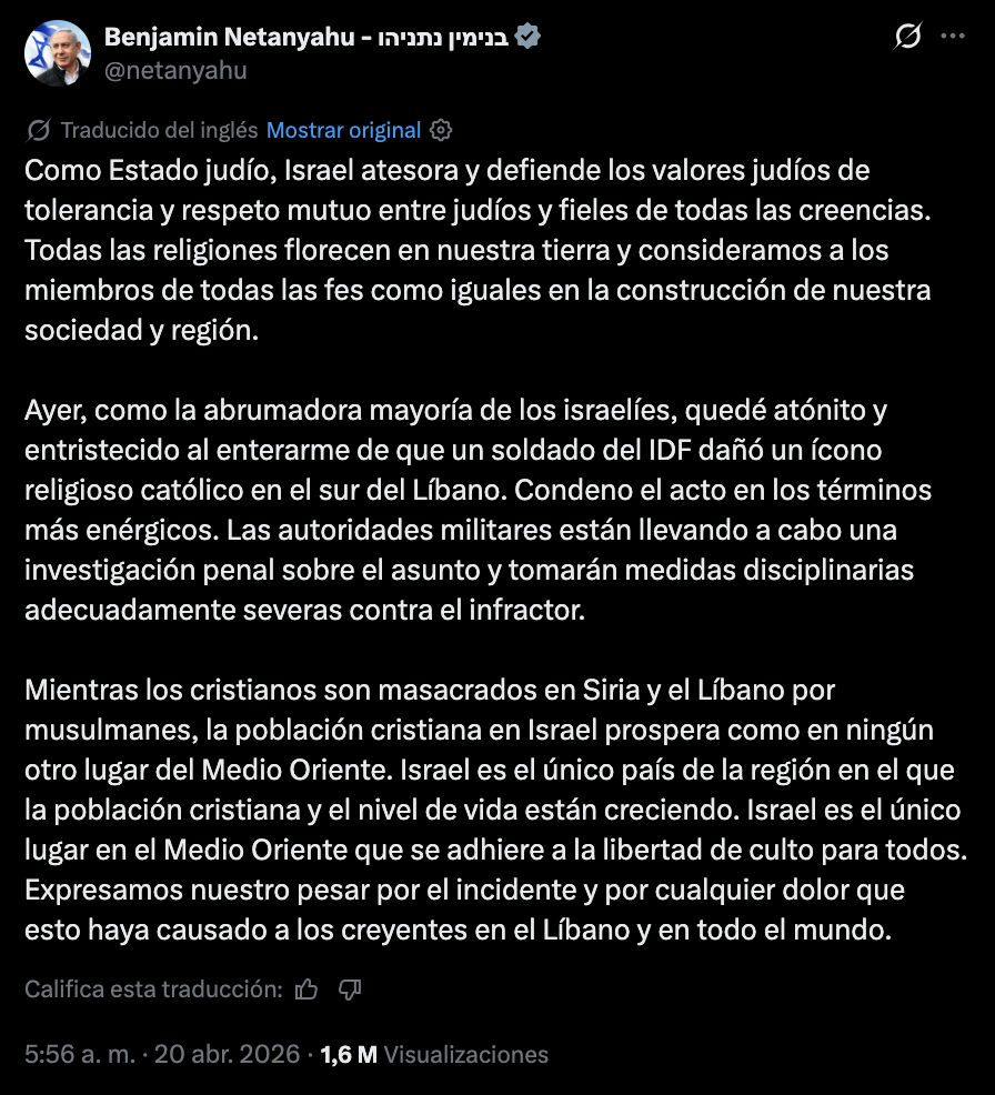 Incidente religioso: Netanyahu condena destrucción de estatua en Líbano