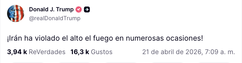 El presidente Donald Trump acusa a Teherán de violar el alto el fuego