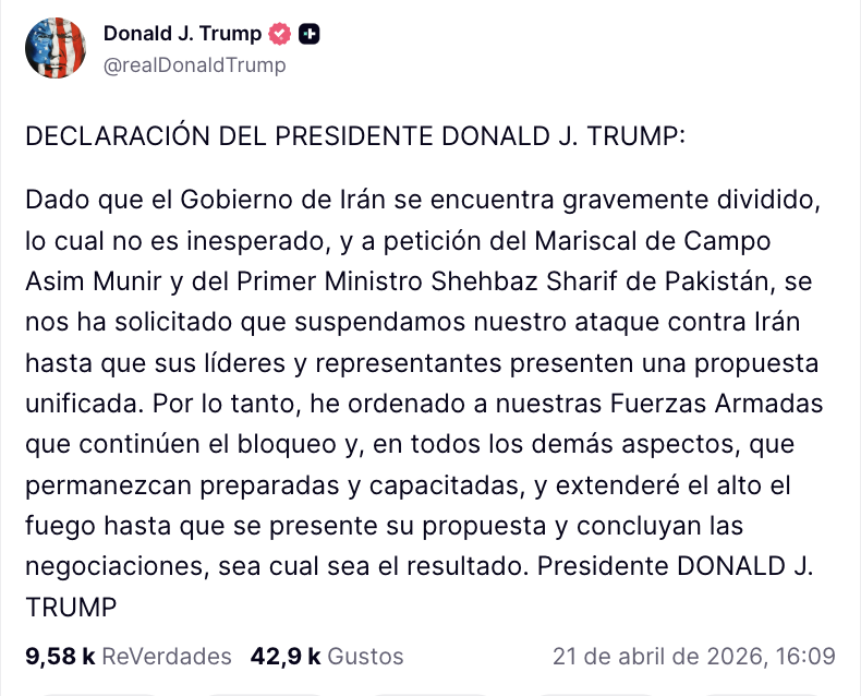 Donald Trump anuncia la extensión del alto el fuego con Irán tras solicitud de Pakistán