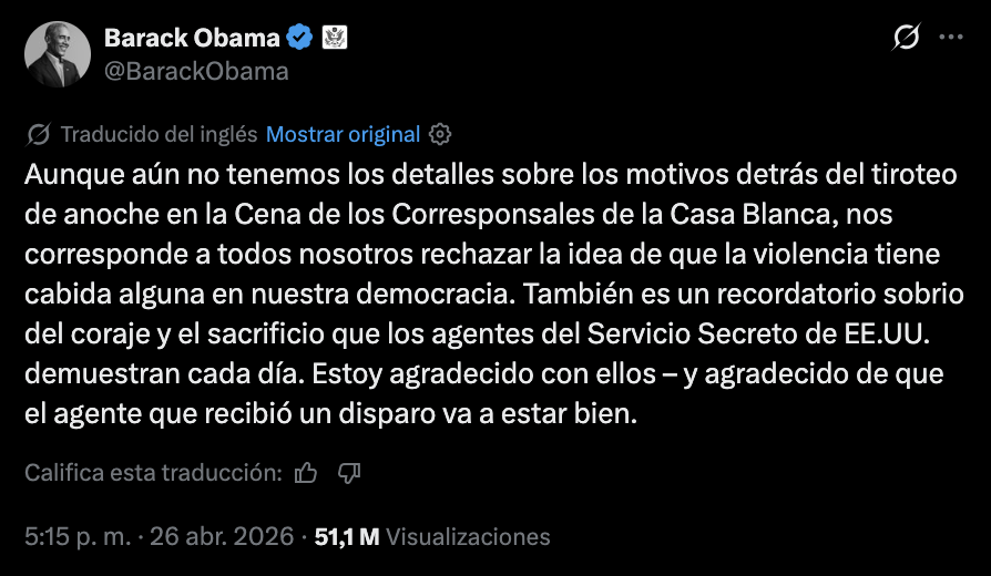 Obama condena violencia tras ataque en cena de corresponsales de la Casa Blanca