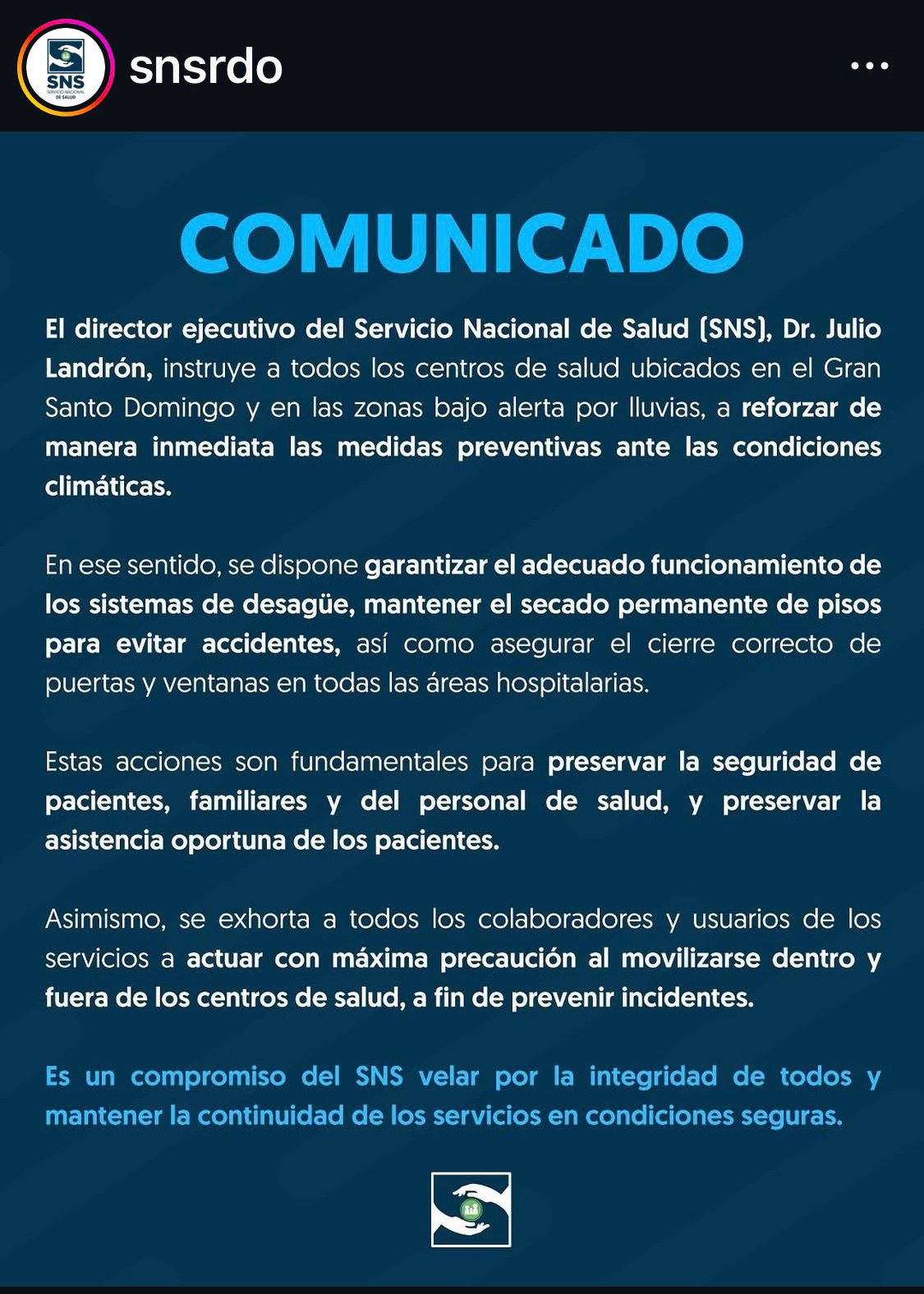 Protocolo preventivo fue activado por el SNS para reforzar medidas en centros de salud ante lluvias intensas