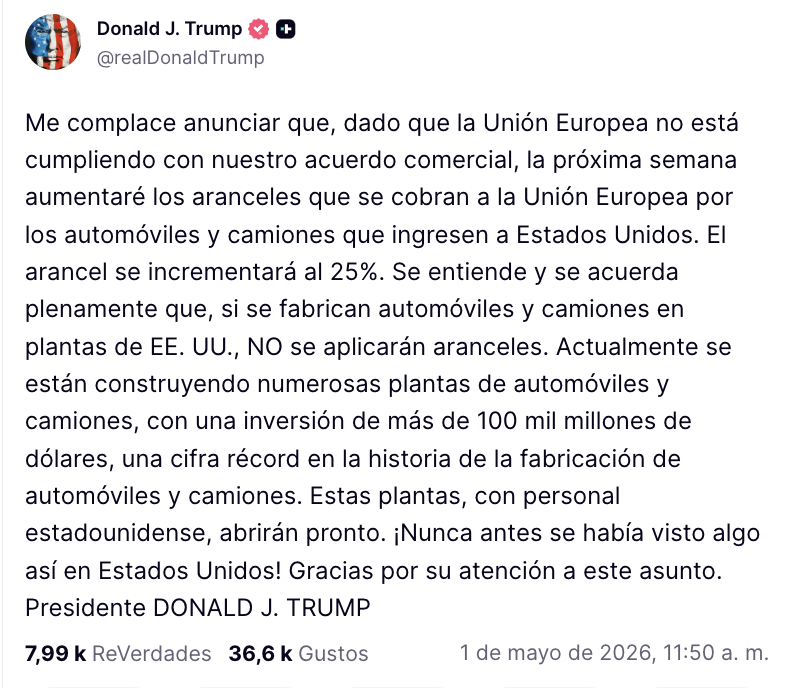 Arancel para la UE: Donald Trump elevará al 25 % impuestos a vehículos