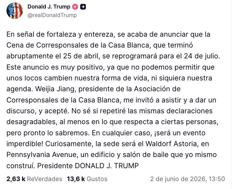 Cena de Corresponsales de la Casa Blanca es reprogramada para el el 24 de julio