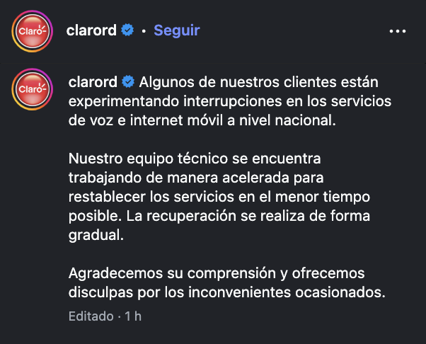 Avería parcial afecta servicios móviles e internet de Claro a nivel nacional