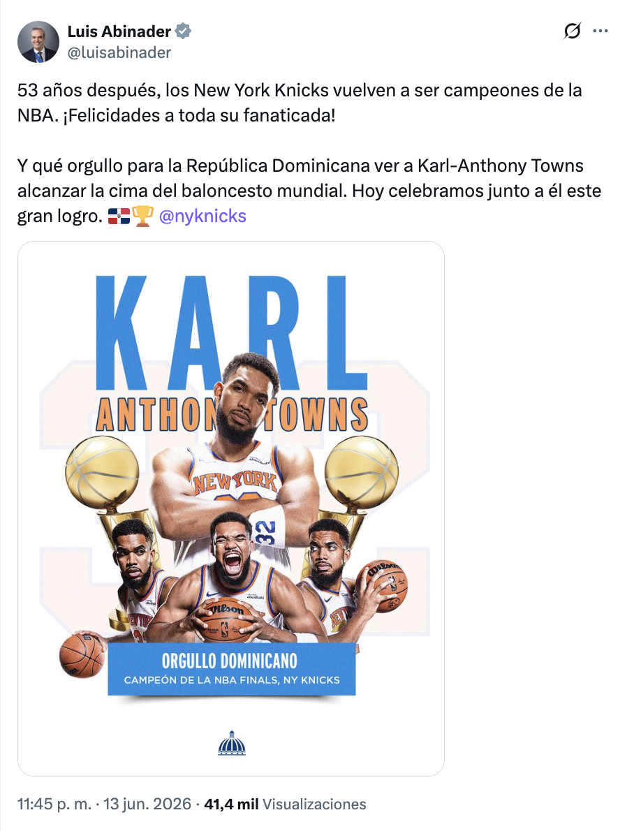Karl-Anthony Towns recibe felicitación de Abinader tras conquistar histórico campeonato de la NBA