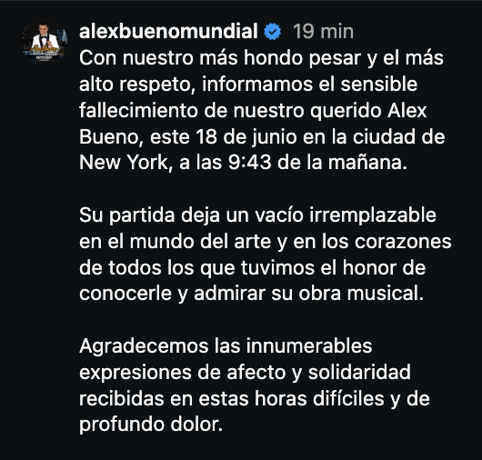 Alex Bueno fallece en Nueva York el cantante dominicano tras complicaciones de salud confirmadas
