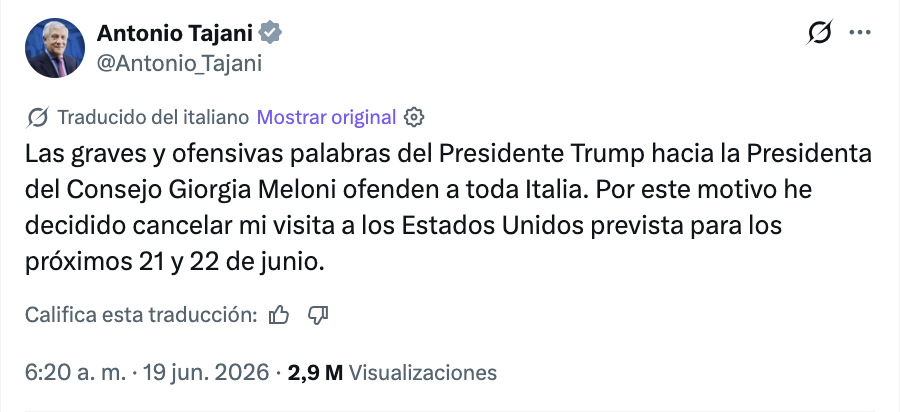 Crisis diplomática Trump provoca tensión con Italia tras acusación de Meloni y cancelación de viaje de Tajani a EE.UU