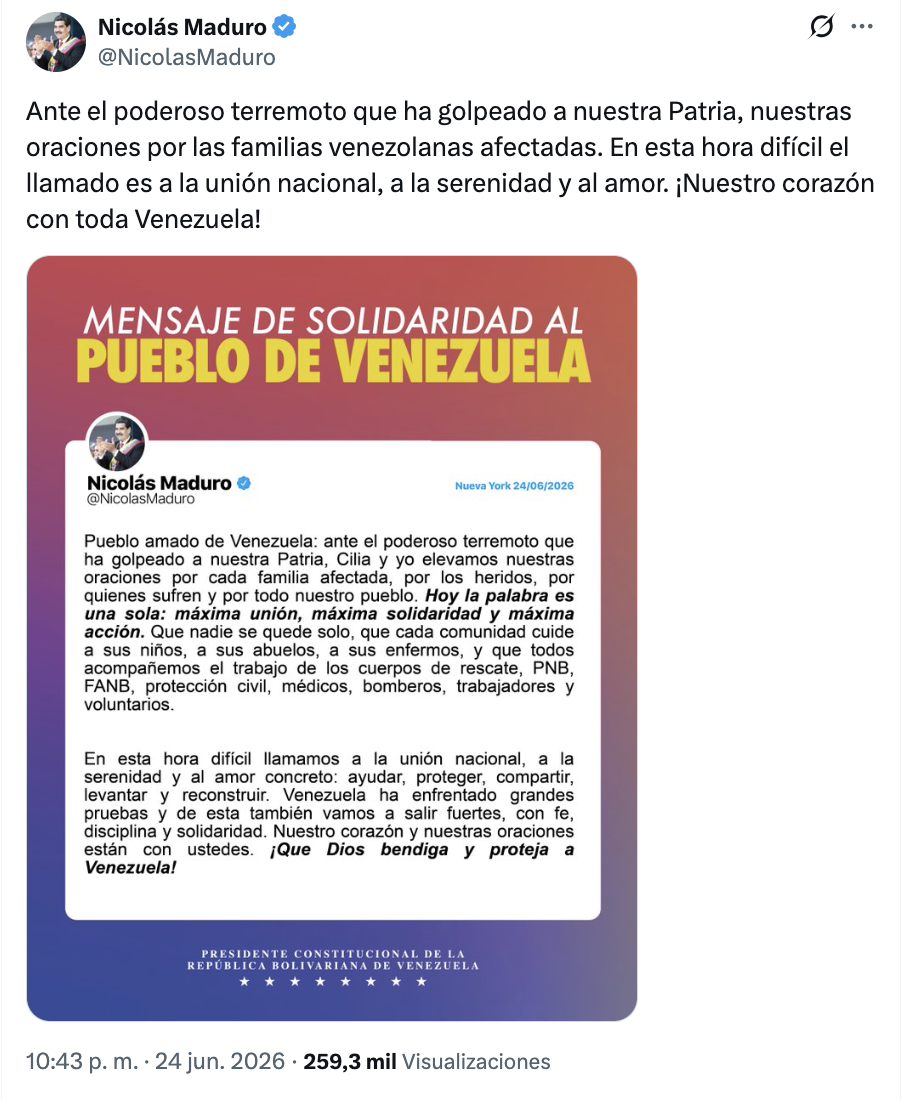 Unidad nacional pide Maduro desde prisión tras terremotos en Venezuela que dejaron 188 muertos y 1,520 heridos
