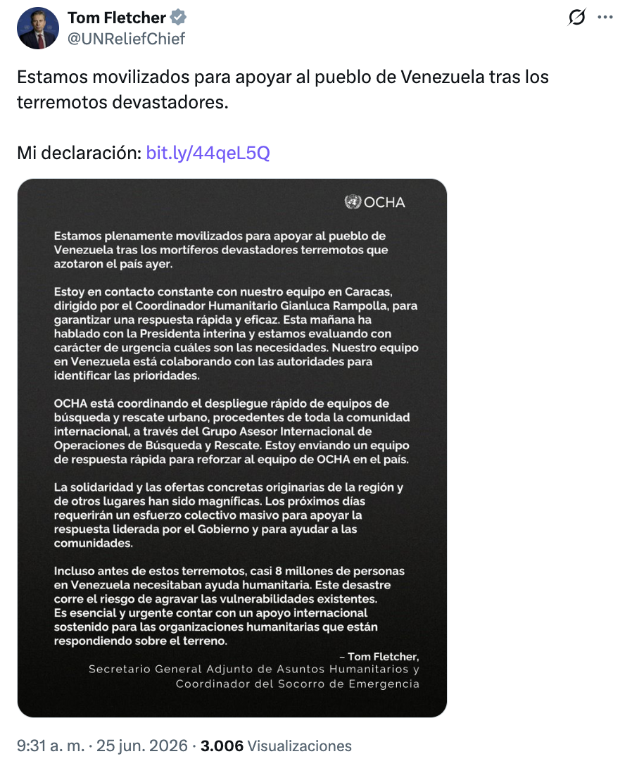 Crisis en Venezuela activa apoyo internacional; ONU y líderes mundiales coordinan ayuda tras terremotos