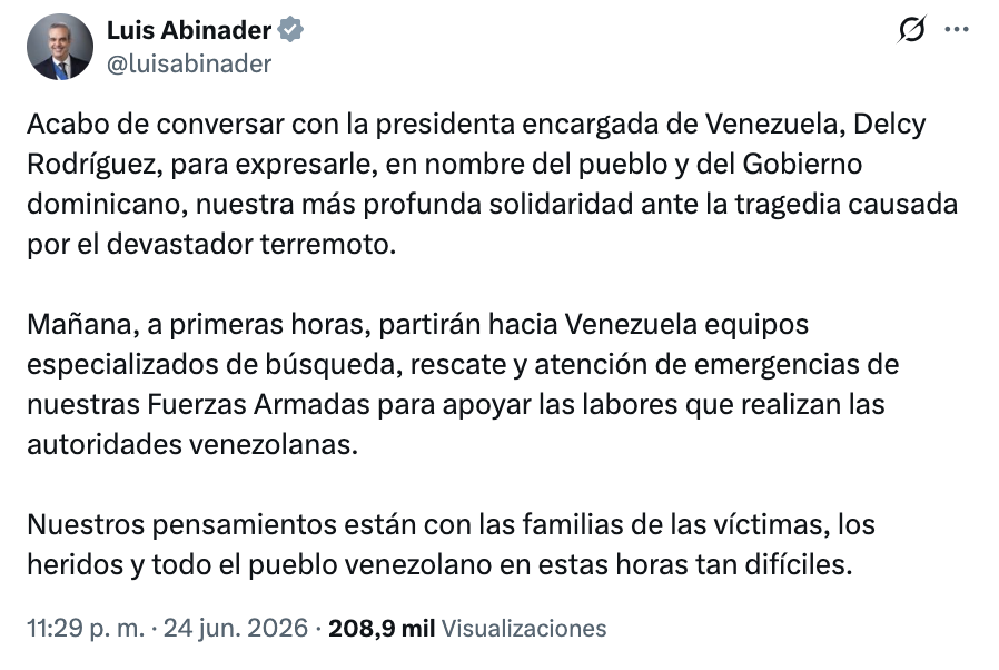 Ayuda dominicana llegará a Venezuela tras terremotos luego de conversación entre Abinader y Delcy
