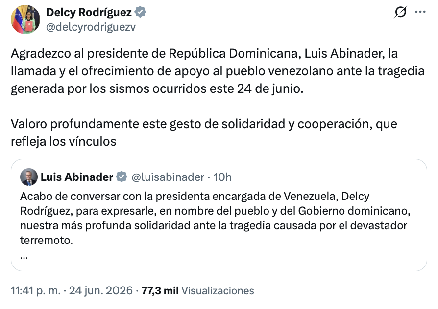 Ayuda dominicana llegará a Venezuela tras terremotos luego de conversación entre Abinader y Delcy