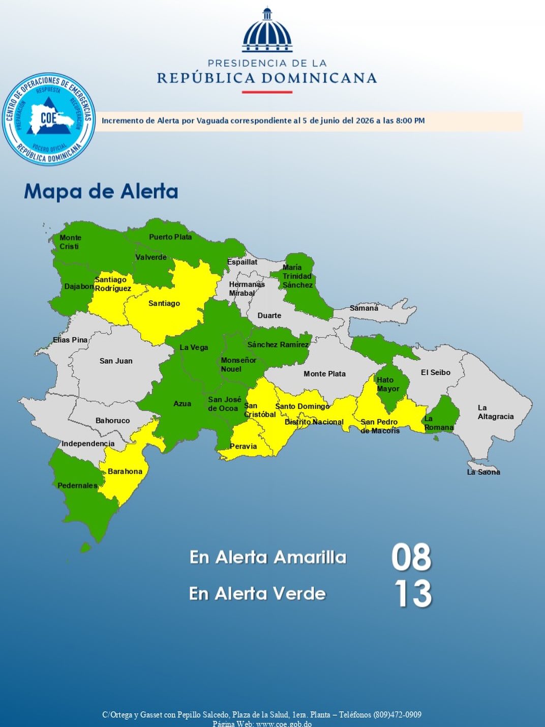Alerta amarilla se amplía a ocho demarcaciones por lluvias asociadas a vaguada y onda tropical