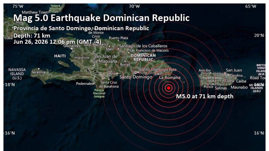 Sismo en Punta Cana de magnitud 5.0 se registra al este del país y se siente en varias provincias