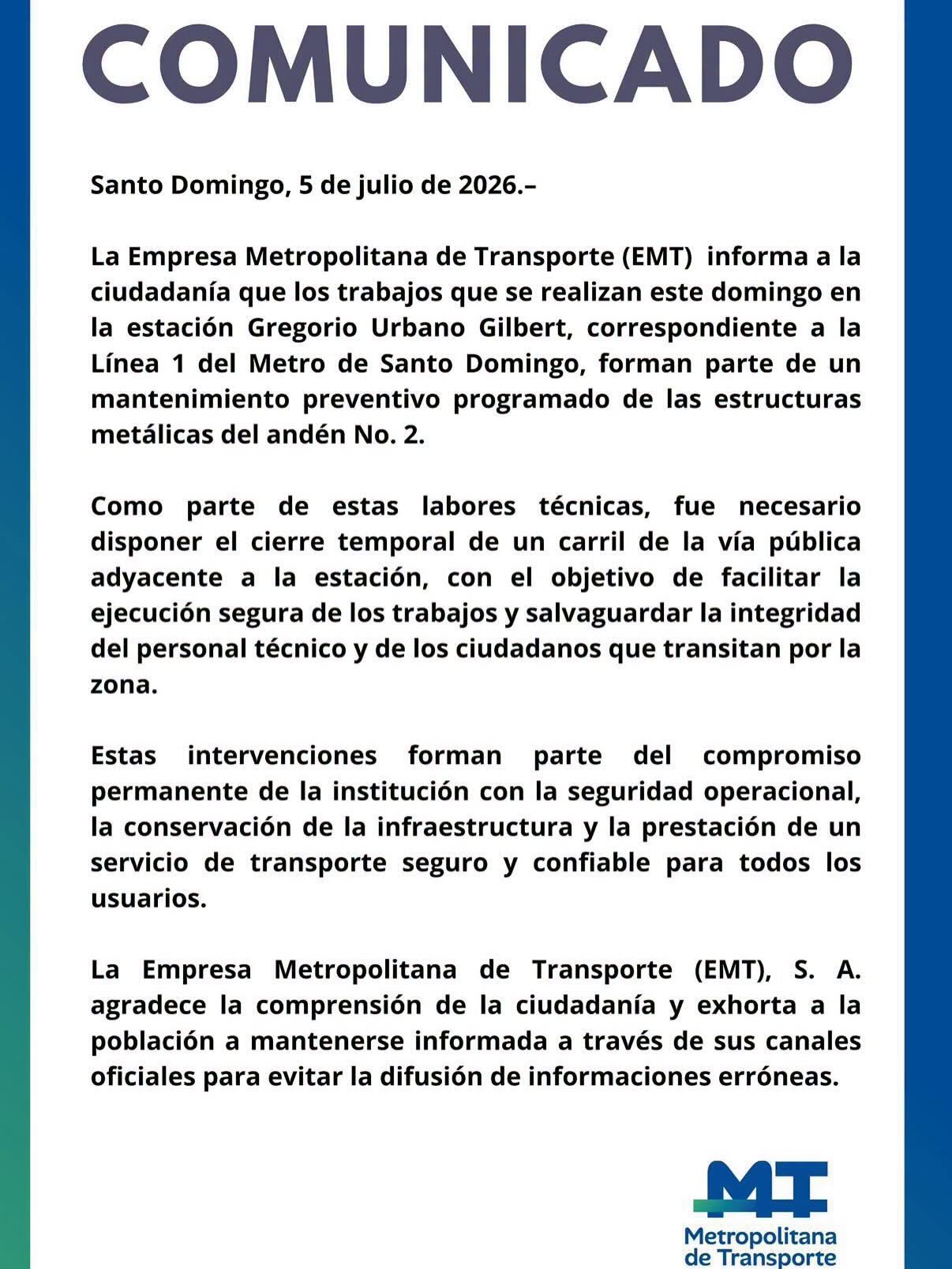 Mantenimiento preventivo motiva cierre parcial de vía frente a estación Gregorio Urbano Gilbert del Metro