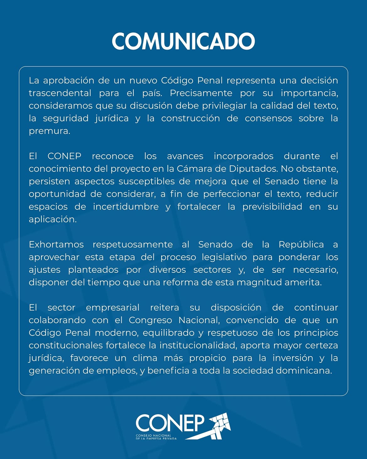 Código Penal recibe observaciones del Conep que pide al Senado evaluar ajustes antes de aprobarlo