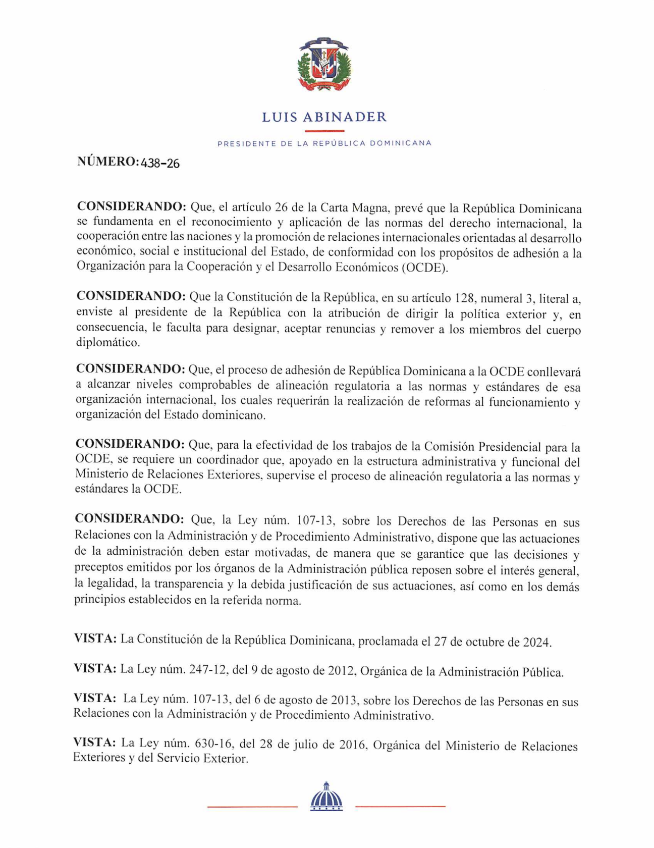 Decreto 438-26 designa a Federico Cuello Camilo como embajador para asuntos de la OCDE