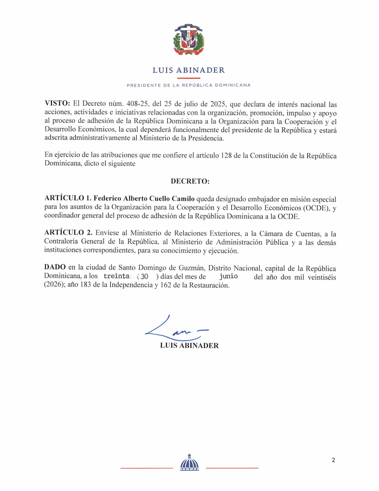 Decreto 438-26 designa a Federico Cuello Camilo como embajador para asuntos de la OCDE