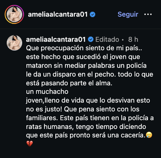 Amelia Alcántara reacciona a la muerte de Darlin Mercado y cuestiona la actuación de la Policía Nacional