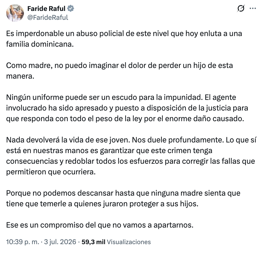 Faride Raful afirma que ningún uniforme puede ser escudo de impunidad tras muerte de joven en intervención policial
