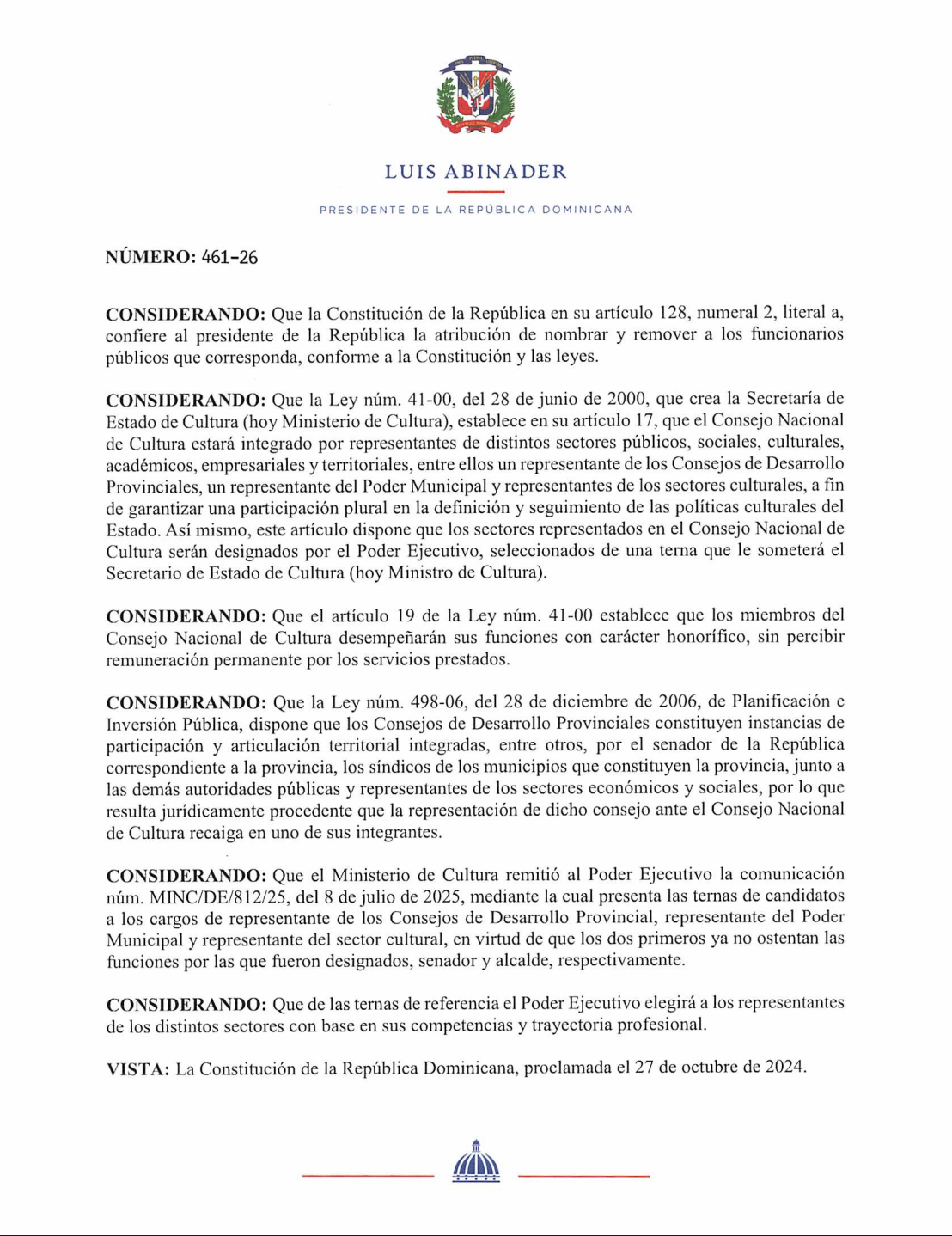 Consejo Nacional incorpora tres nuevos representantes honoríficos mediante decreto emitido por Abinader