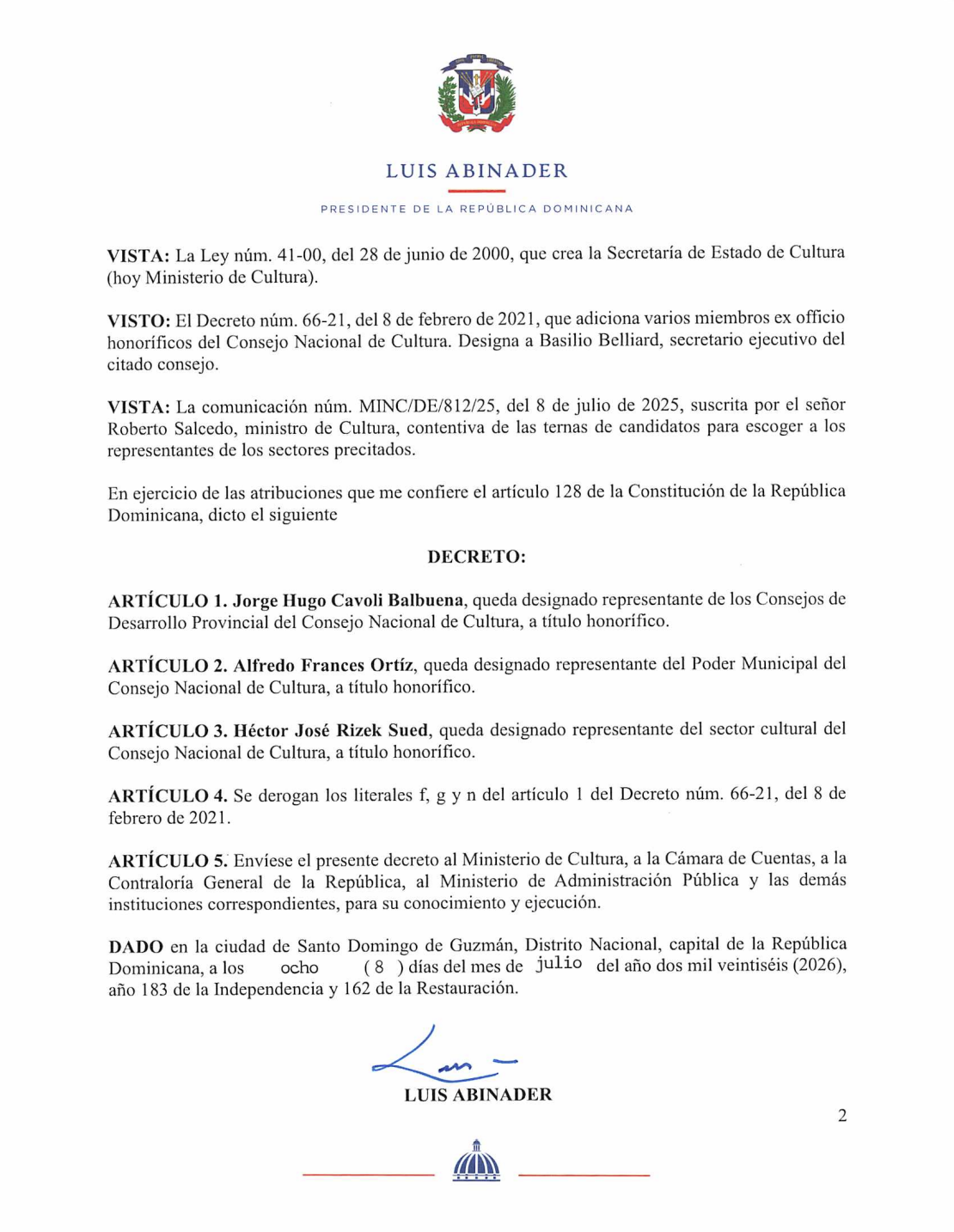 Consejo Nacional incorpora tres nuevos representantes honoríficos mediante decreto emitido por Abinader
