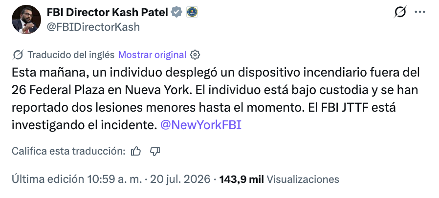 Explosivo casero frente a edificio del ICE y FBI en Nueva York deja dos heridos leves y un detenido