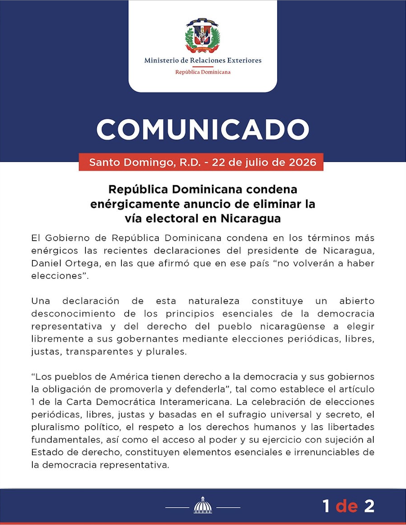 República Dominicana condenó la eliminación de la vía electoral en Nicaragua