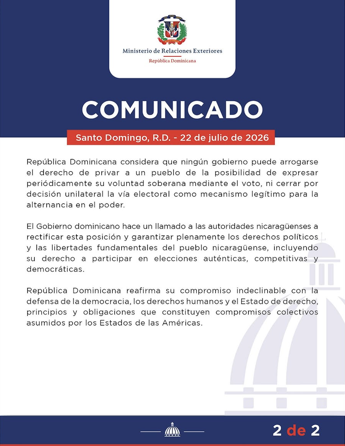 República Dominicana condenó la eliminación de la vía electoral en Nicaragua