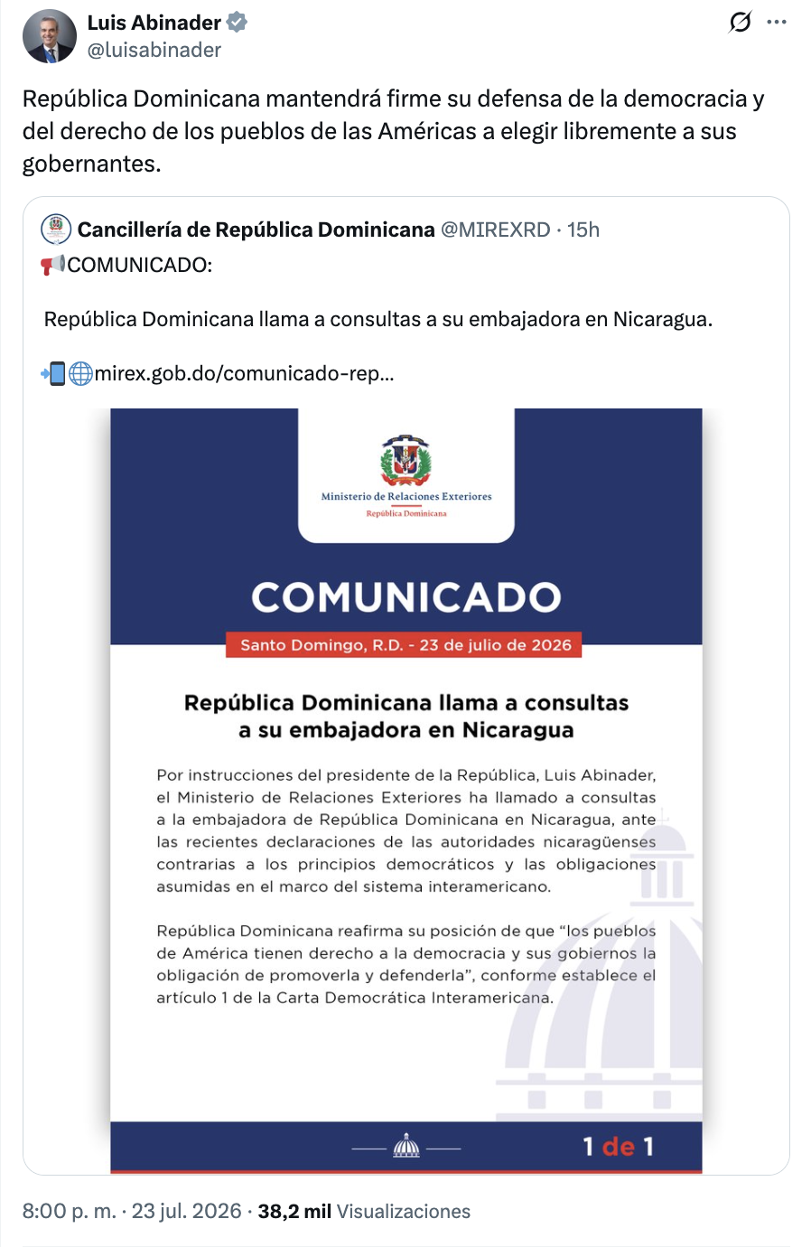 Defensa de la democracia reafirma Abinader tras declaraciones de Ortega sobre elecciones en Nicaragua