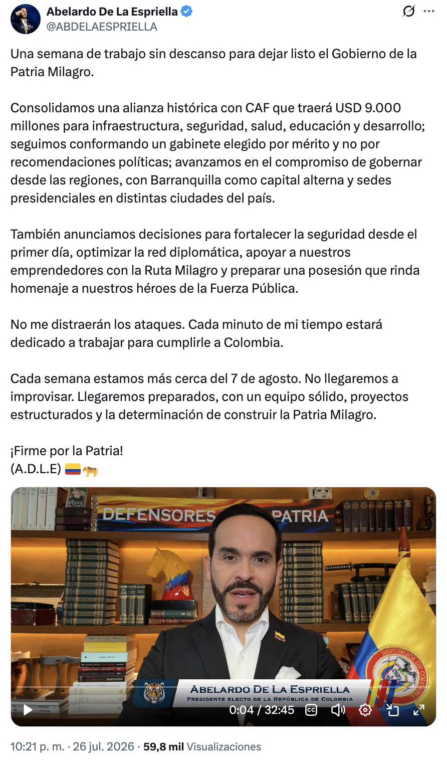 Cierre embajadas anunciado por Abelardo de la Espriella contempla 14 misiones diplomáticas