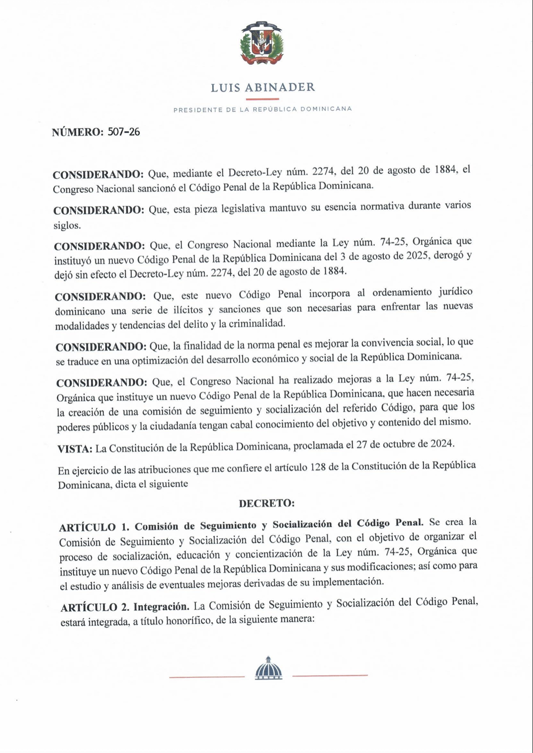 Código Penal entra en vigor tras promulgación de Abinader y crean comisión de seguimiento