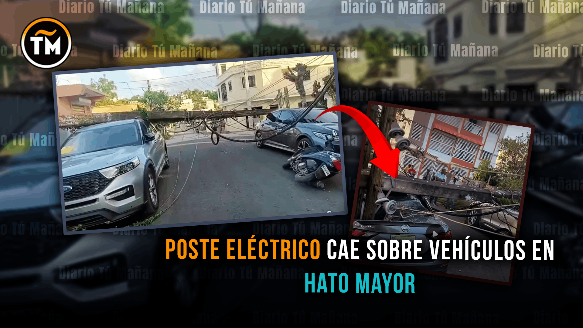 Poste eléctrico cae sobre dos vehículos tras incidente ocurrido en el barrio Las Javillas de Hato Mayor